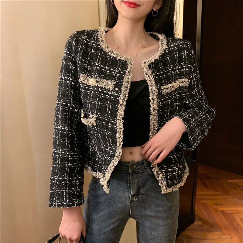 Женский твидовый пиджак двубортный потертый с карманами винтажный Повседневный