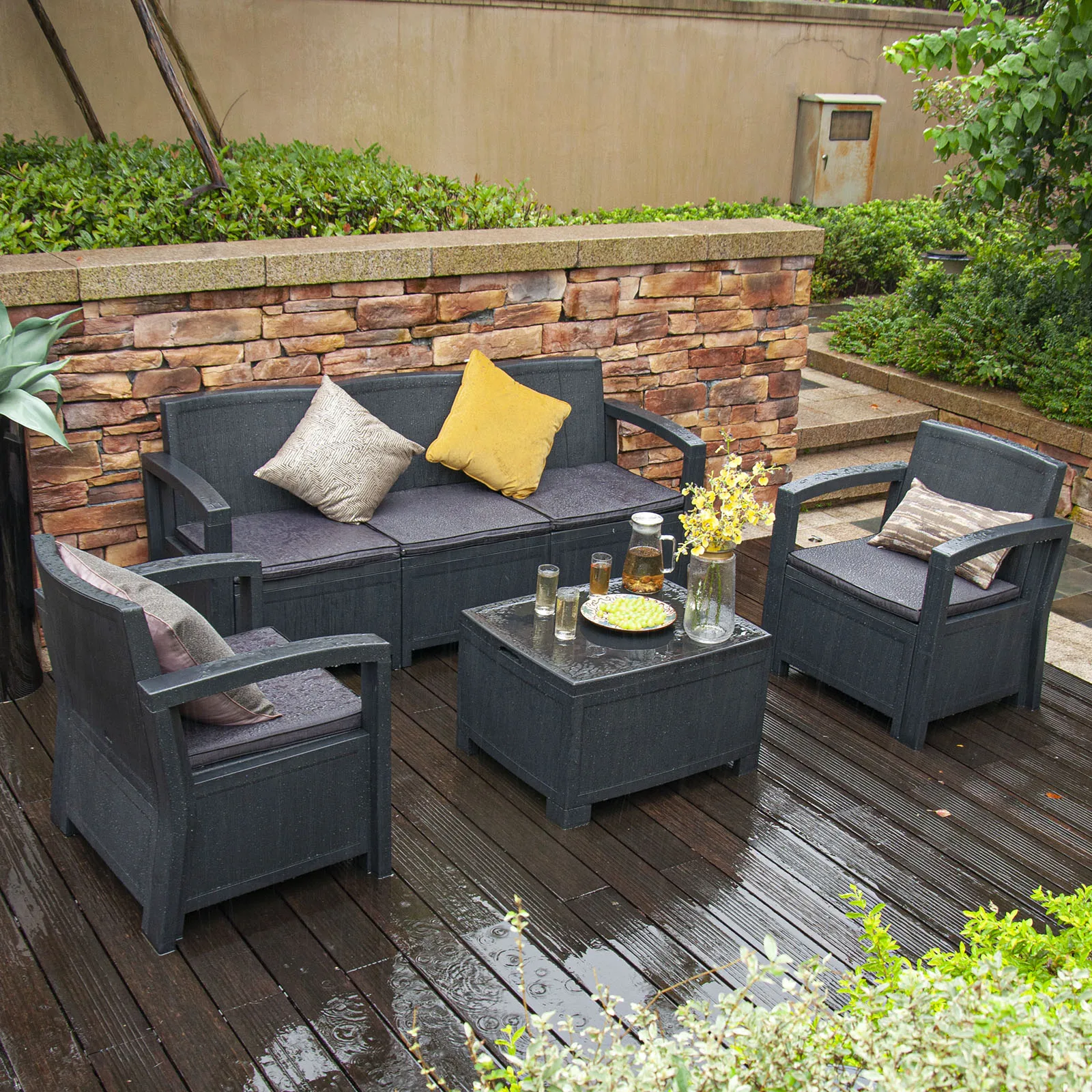 

Furgle Outdoor Patio Sectional Conversation Sofa Set Waterproof PE Furniture Set Cushions and Coffee Table for Backyard Pool