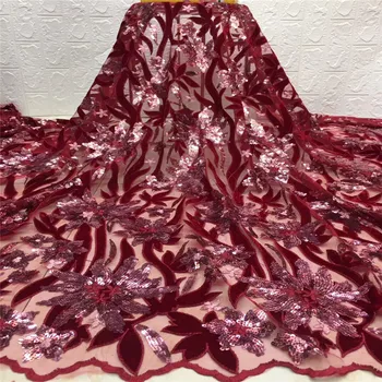 

red Velvet Lace Fabric for Dresses Latest Nigerian French Tulle Lace with Sequin High Quality African Sequins Lace Fabric