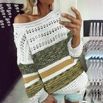 

Women Hollow Out Knitted Sweater Sexy Off Shoulder Striped knitted Patchwork Pullover Autumn Winter Long Sleeve Tops Pull Femme