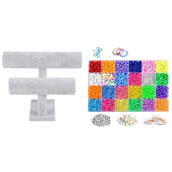 

1 Pcs Jewelry Display Stand T-Shape Bracelet Holder & 1 Set 3640+Pcs Pony Beads Kit for Bracelet Jewelry Making