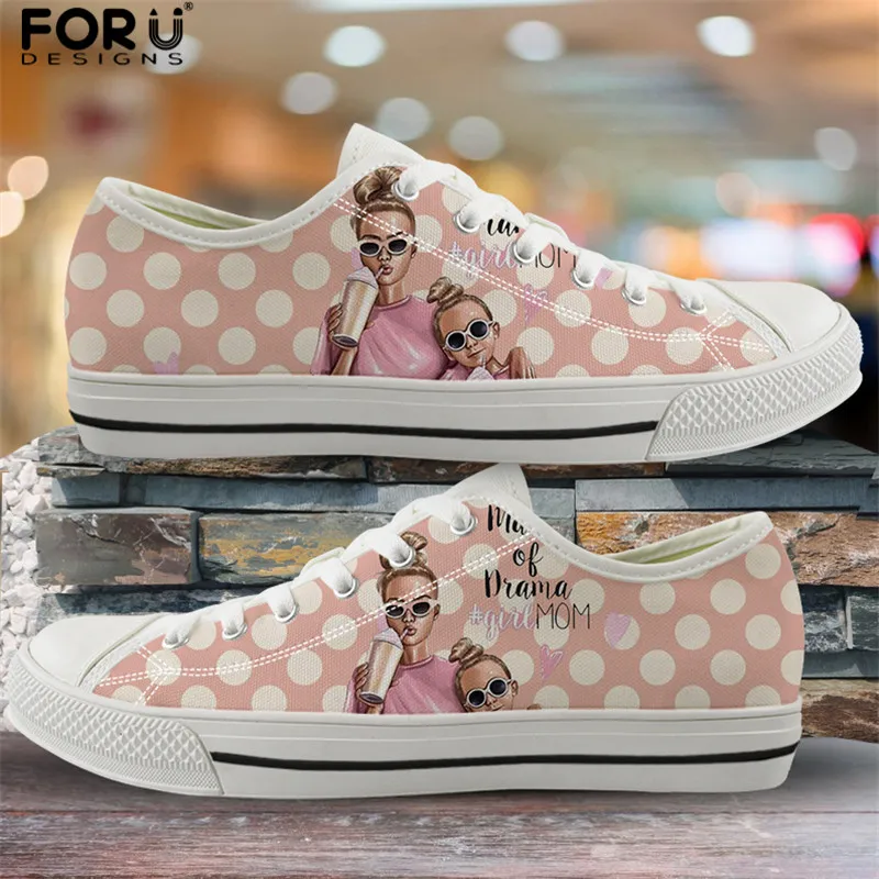 

FORUDESIGNS Super Mom Casual Vulcanized Shoes Black Brown Hair Baby Mom Girl Queen Canvas Low Top Shoes Fashion Female Flat Shoe