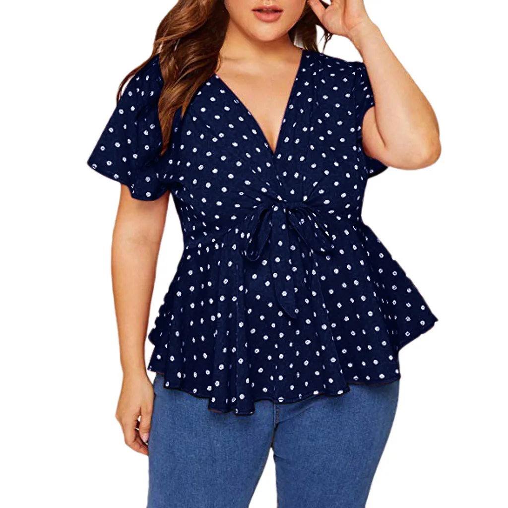 #35 Tops y blusas para mujer de talla grande camisa de manga corta Camisa cuello V Polka Dot nudo frontal superior de talla grande blusa рубашка женская