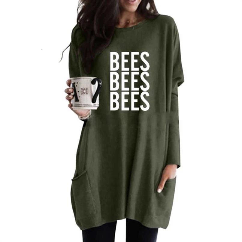 

2019 Fashion TShirt For Women Long Sleeve Casual Pocket BEES Letters Print Harajuku Top Women Cropped Tumblr Female T-shirt