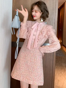 

Butterfly lace lace lotus leaf lace stitching tweed high waist dress women's wear 2020 autumn new