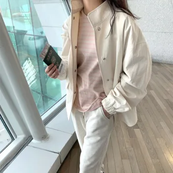 

Korean Safari Style Stand Collar Solid Single Breasted White Loose Jacket Short Big Pocket Autumn Casual Jacket Batwing Sleeve