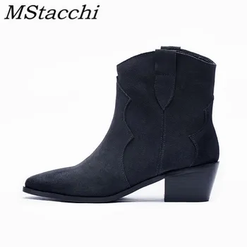 

Mstacchi Women Solid Suede Patchwork Sewing Short Boots Retro Woman Mid Heel Slip On Bottine Concise Pointed Toe Western Boots