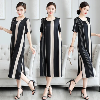 

2020 New Women Temperament Split Simulation Silk Dresses Striped O-neck Plus Size Dress Ladies Clothes Elegant 4xl Casual