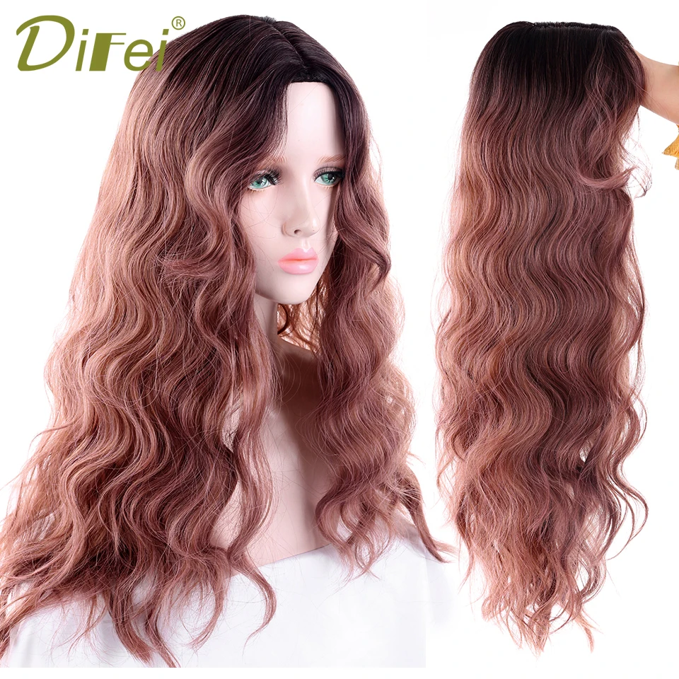 

DIFEI Long Wavy Ombre Mix Purple Women's Wig Synthetic Wigs for African American Women Dark Roots Natural Middle Part Wig