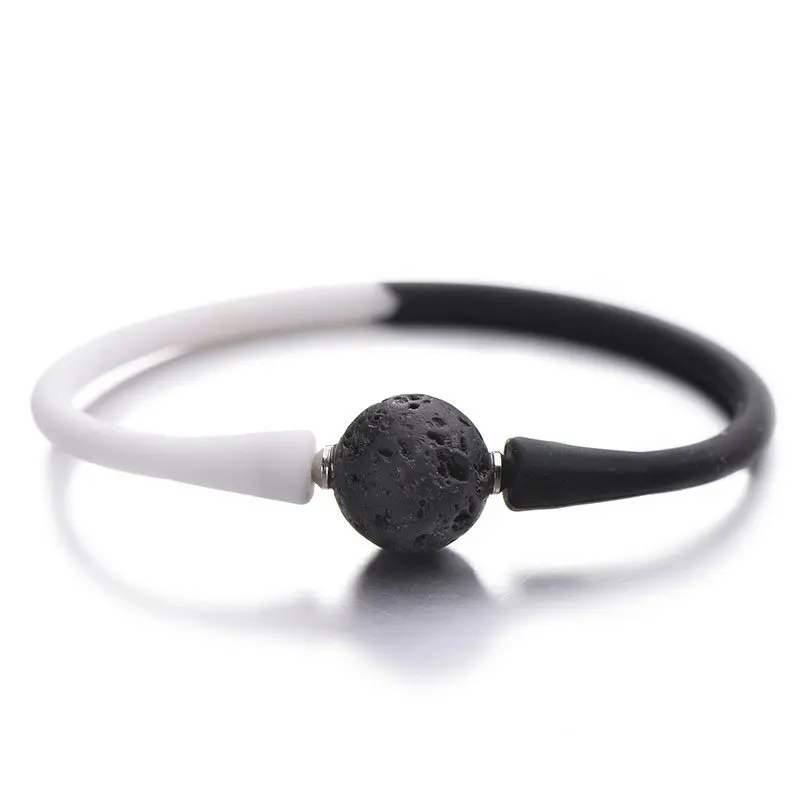 white black lava Pipitree Мода 14 мм натуральный камень ювелирные изделия, силиконовый браслет унисекс тигровый глаз Лава пара браслетов для женщин мужчин Pulsera mujer - Окраска металла: white black lava