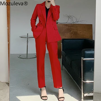 

Mozuleva 2020 Notch Collar Double-breasted Women Slim OL Blazer&High Waist Pockets Straight Suit Pants Two Pieces Business Suit