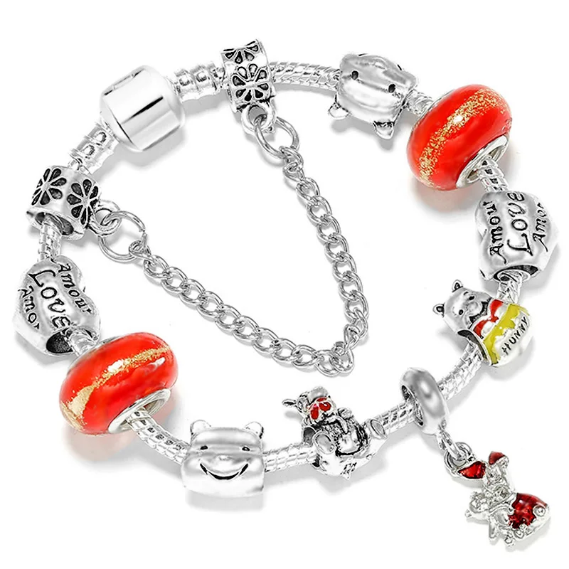 

DINGLLY 925 Fashion Silver Bear Theme Red Eeyore Charm Bracelets For Women Original Winnie Tigger Piglet Beads Bracelet Bangle