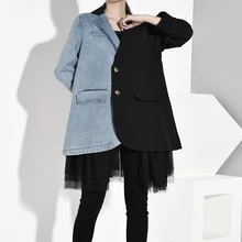 LANMREM новая весенняя и летняя модная женская одежда сезонная джинсовая Лоскутная куртка с отложным воротником и длинными рукавами WF7180