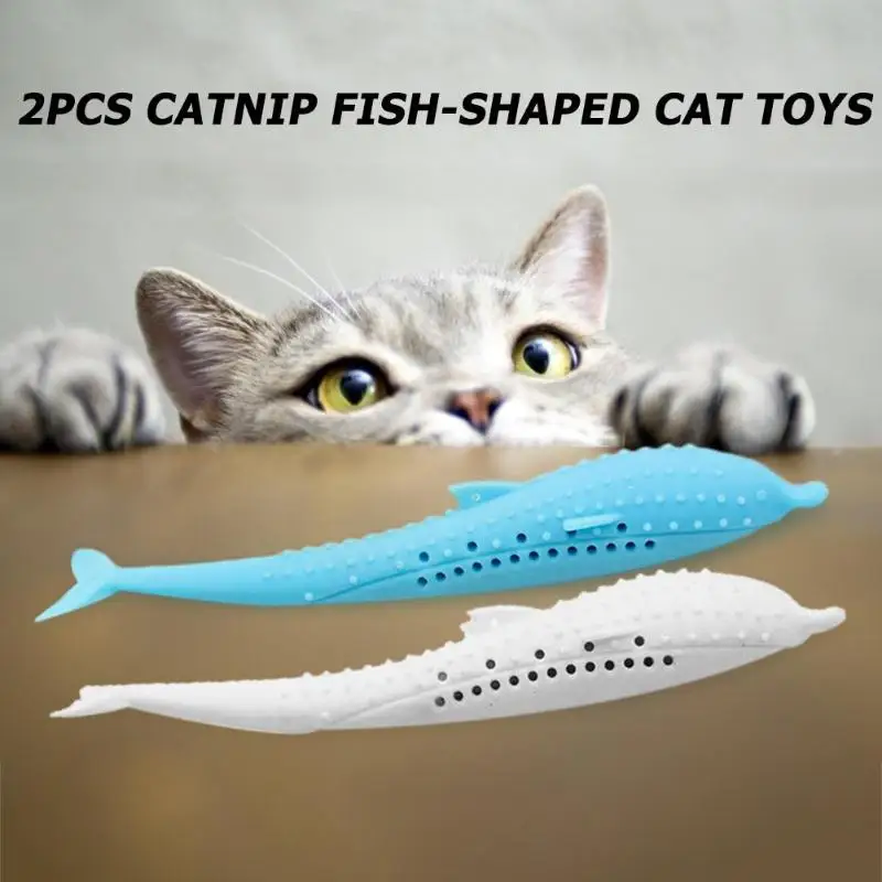 2Pcs New Cute Catnip Toy Silicone Cat Toothbrush Fake Fish Toy Full Of Cat Mint Non-Toxic Safe Catnip Flavor Molar Stick Pet