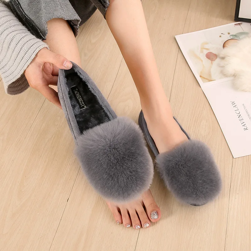 

Flats Shoes Women Winter Fleece Loafers Shallow Square Toe Shoes Slip on Rabbit Fur Slides Big Size Comfortable Zapatos Mujer