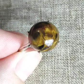 

From Namibia Natural Pietersite Yellow Cat Eye Adjustable Ring Chatoyant 11x11mm Woman 925 Sterling Silver AAAAA