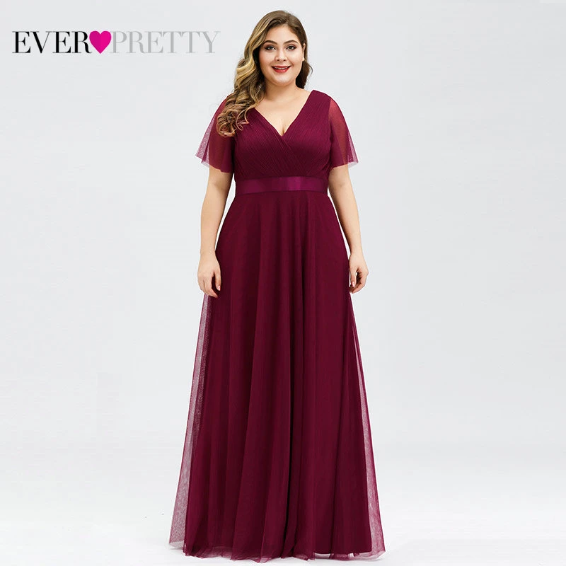 Вечерние платья размера плюс, элегантные шифоновые длинные вечерние платья с v-образным вырезом и коротким рукавом - Цвет: EP07962BD-Tulle