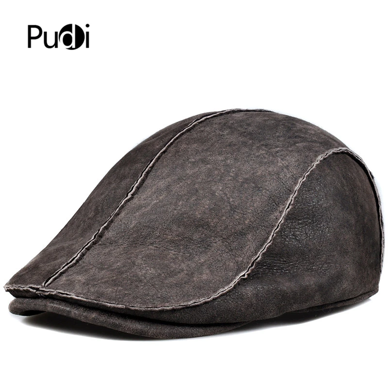 

Pudi man real leather beret cap hat Winter warm real fur baseball caps hats one fur berets with earflap HL908