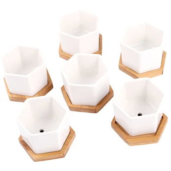 

12 Pcs in 1 Set Succulent Plant Pots Mini Succulent Planter Ceramic Flower Planter Pot with Bamboo Trays (6 Pots and 6 Trays, Wh
