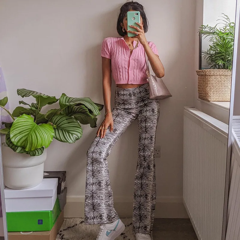 

Bold Shade E-girl Aesthetic Indie Style Boot Cut Pants Wood Stripe Print High Waist Long Trousers Women Harajuku 90s Trend Hot