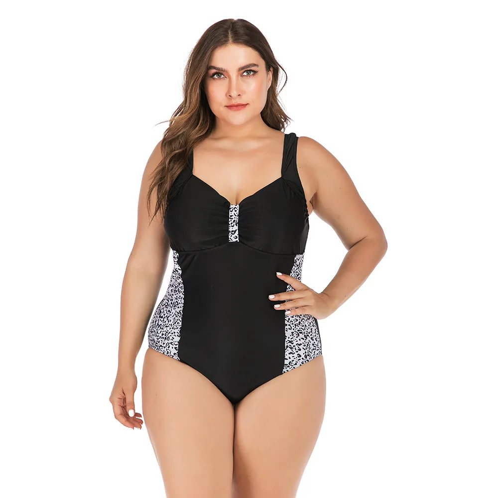 2020 new Plus Size Swimwear Women One Piece Swimsuit Leopard Patchwork Monokini Large Size Bathing Suits Beachwear Swimming Suit