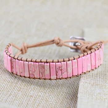 

Natural stone Pink Turquoises Bracelet Tube Beads Leather Wrap Bracelet Couples Bracelets Chakra Bracelet Jewelry Handmade