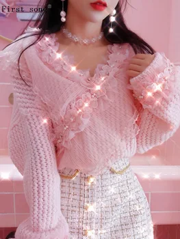 

First song Women's Net Lace Pearl Jacket Pullover 2020New Spring / Summer Long Sleeve Hand Sewn Wild Women's Sweater Knitwear XL