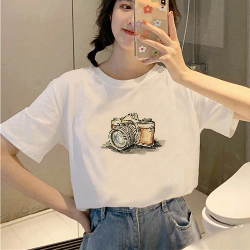 Kawaii Camera Printed Short Sleeve Tee Graphic Womens Top Tshirt Female T-shirt Ladies Clothes | Женская одежда