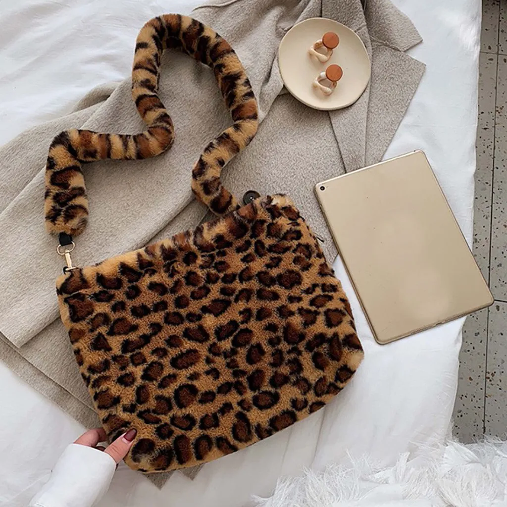 Женская леопардовая плюшевая теплая зимняя сумка на плечо, сексуальная теплая меховая сумка с мягкой ручкой, винтажная Женская модная цветная сумка на плечо