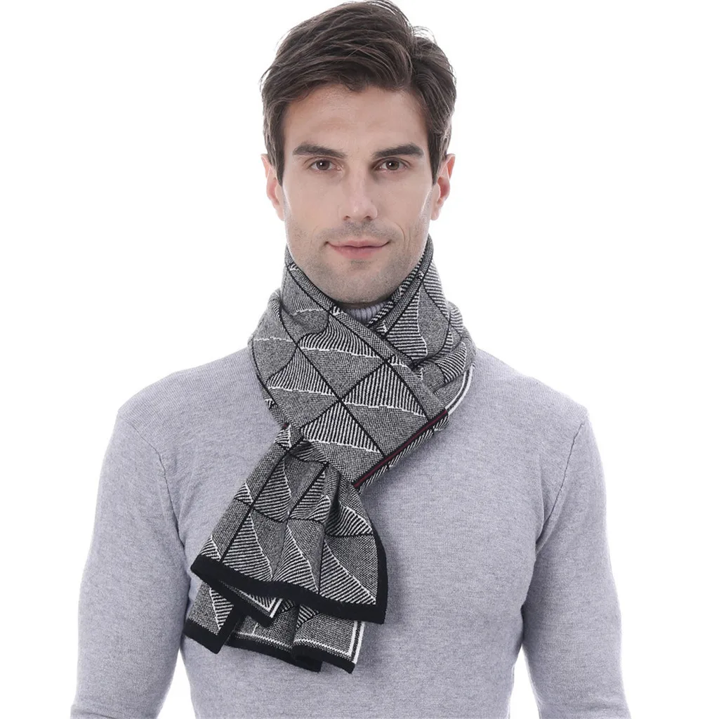 autumn Winter new Men's Autumn Winter Jacquards Knit Scarf Middle-aged Father Plaid Scarf Gift Neckerchief Long Wraps#O9