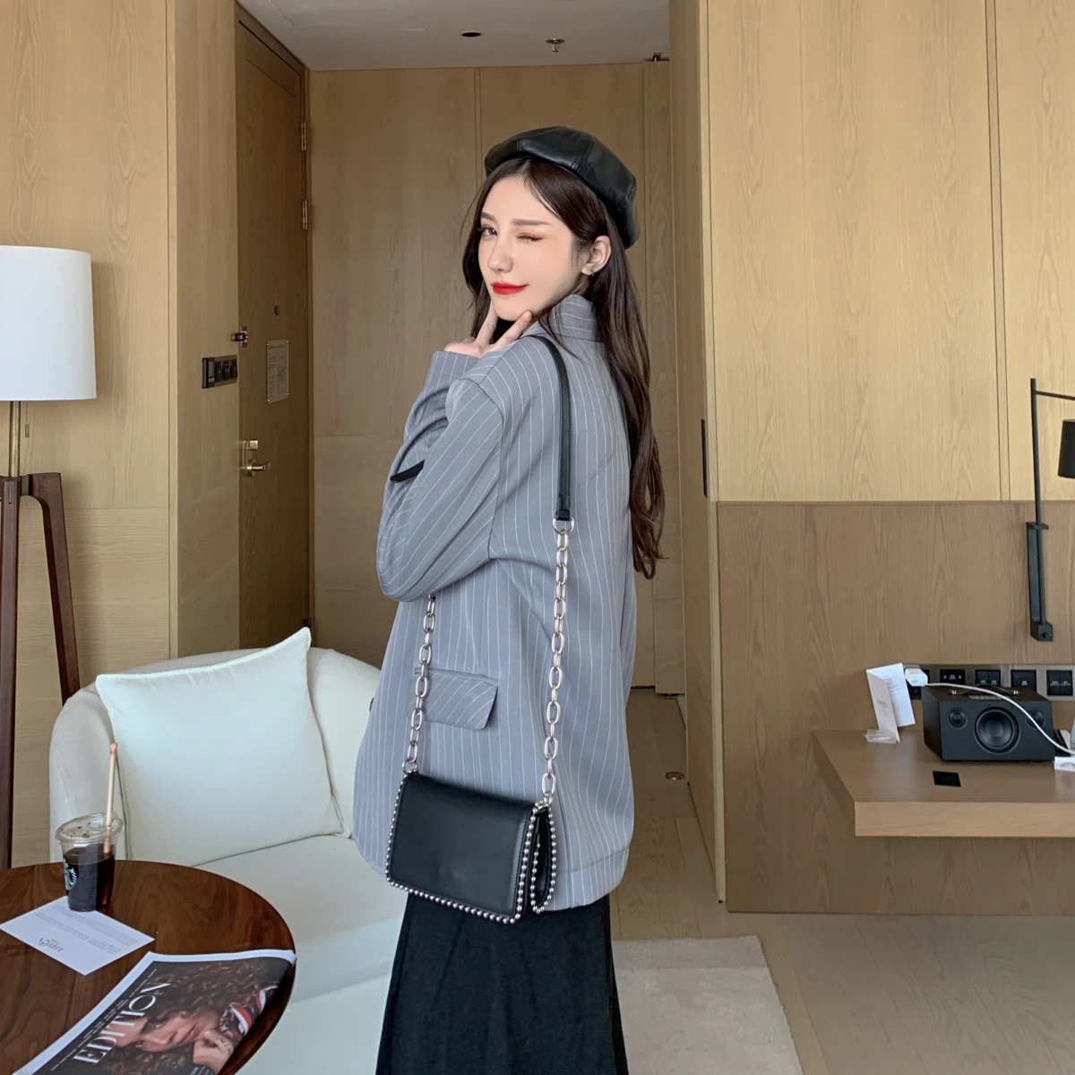 Stripe Korean Ladies Blazer Solid Gray Stylish Casual Loose Suit Jacket Long Sleeve Simple Retro Autumn Women Blazer New MM60NXZ