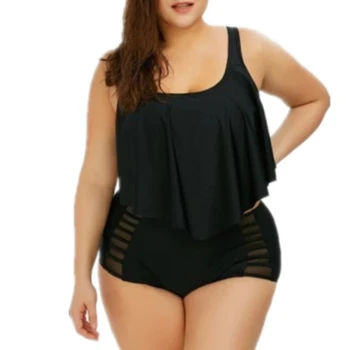 

New Plus Size Female Swimsuit Black Two Piece Swimming Suit Halter Swimwear Front Ruffle Beachwear Women Oversize