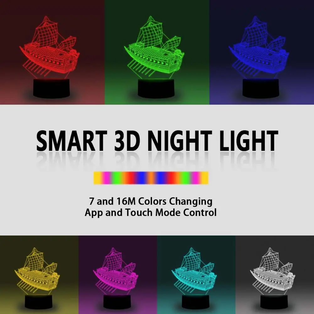 NiteApps 3D парусник с веслом ночник стол Иллюзия украшение лампа подарок на день рождения приложение/сенсорный контроль