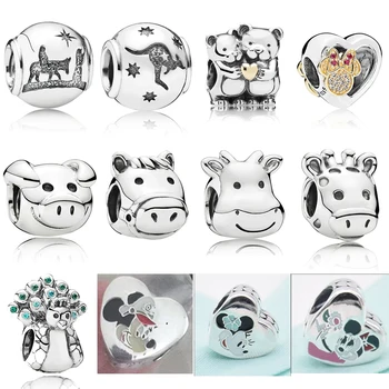 

2019 NEW 100% 925 Sterling Silver Heart Shaped Cute Animal Pig Cow Horse Deer Charm Fit DIY Bracelet Fashion Original Jewelry