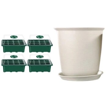 

10x Imitation Flower Pots 7.2 Inch Resin Flower Pots & 4Pcs Seed Starter Tray 12 Cells Grow Tray