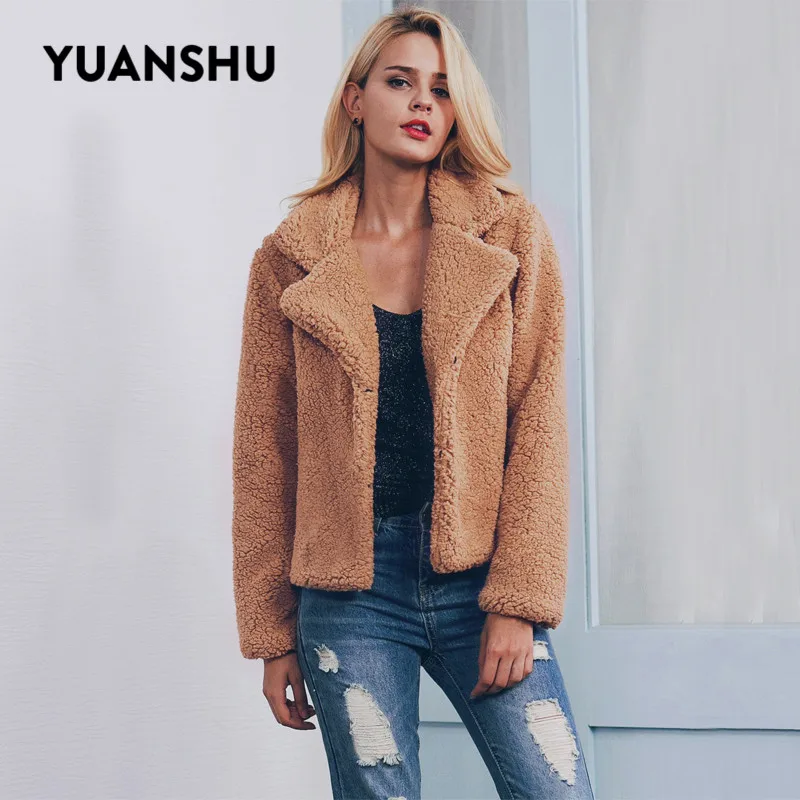 YUANSHU Women Winter Soft Warm Fluffy Faux Fur Coat Jacket Thicken Wool Teddy Solid Long Sleeve Vintage Outwear Overcoat | Женская