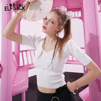 

ELFSACK Solid Chic Single Button Knitted T-Shirts Crop Tops 2020 Summer ELF Black Casual Women Clothing Yellow Ladies Korean Top