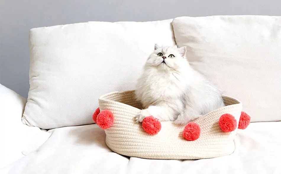 Weave Cat Bed House Dog Bed For Small Dogs Cat Basket Pompon Decorate All Seasons Sleeping Bed Puppy Mat Supplies Pet Rest House-55