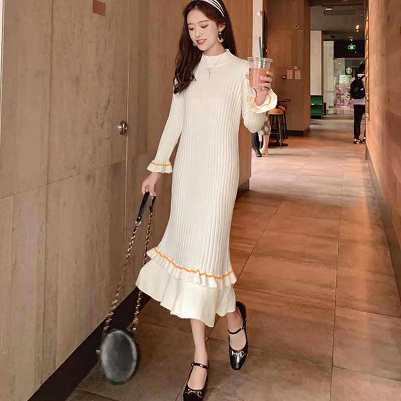 Korean One-Piece Dresses Ladies Elegant Slim Sweater Knitted Dress Autumn Winter 2020 Women Long Sleeve Dress Woman Long Dress