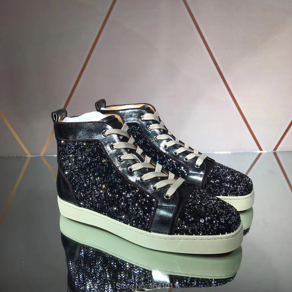 

cl andgz Black leather red bottoms shoes High Top For Men Color Rhinestones Prom no Rivet casual Sneakers Flat Loafers Footwear