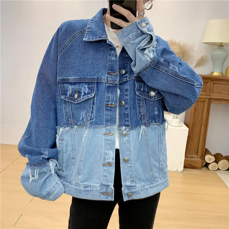 

Spring Plus size Frayed Burr Hole Hit color Splice Denim jacket Women Loose Casual Jaqueta jeans feminina Streetwear Jean jacket