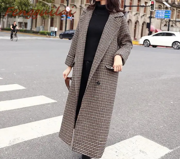 

FENGGUILAI 2019 Fall Winter Women Simple Plaid Slim Woolen Maxi Long Coat With Belt Female Overcoat Manteau Femme Khaki