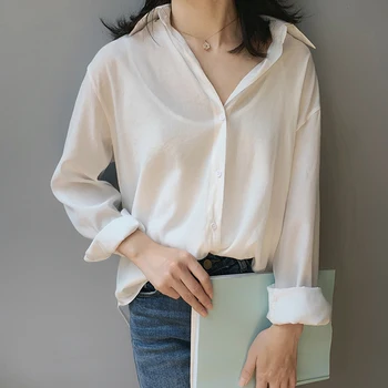 

2020 Women Spring Autumn Long Sleeve Casual White Beige Yellow Loose Long Satin Chiffon Blouse Shirt Ladies Top