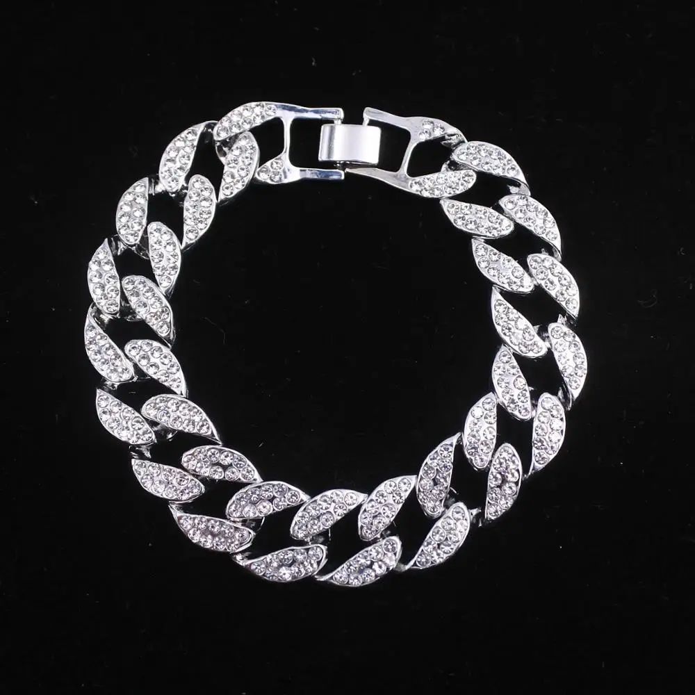 Мужские браслеты в стиле хип-хоп Цепочка с кристаллами, кубинская цепочка в стиле Майями, Мужская цепочка, 16 мм, золотое, Серебряное украшение