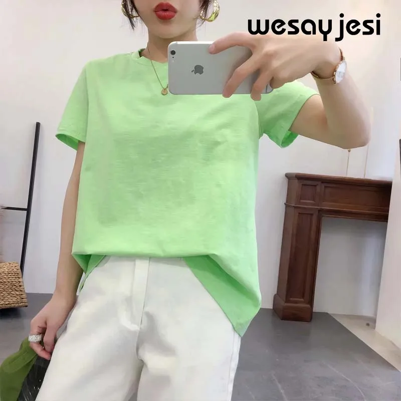 Новая женская футболка sunmmer harajuku Корейская одежда уличная однотонная хлопковая Мягкая футболка с круглым вырезом топы размера плюс