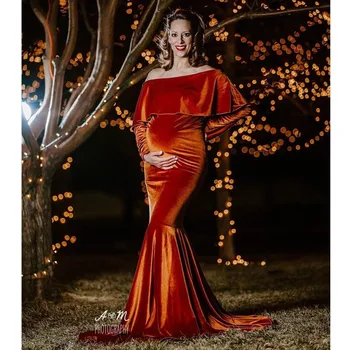 

2020 Winter Velvet Maternity Dresses For Photo Shoot Pregnancy Photography Outfit Baby Shower Dresses Stretchy Long Tail