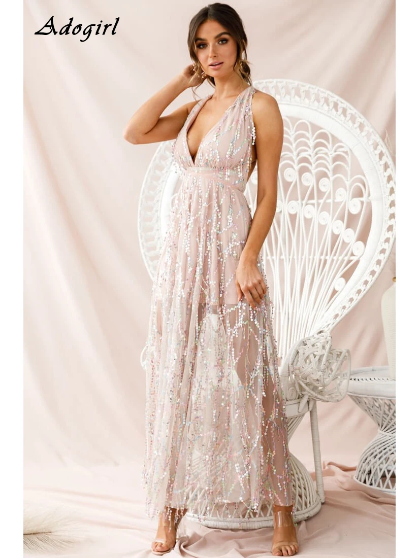 

Adogirl Elegant Sequin Tassel Flapper Dress Sexy Spaghetti Strap V Neck Backless Bandage A-line Maxi Party Dress Vestidos Robe
