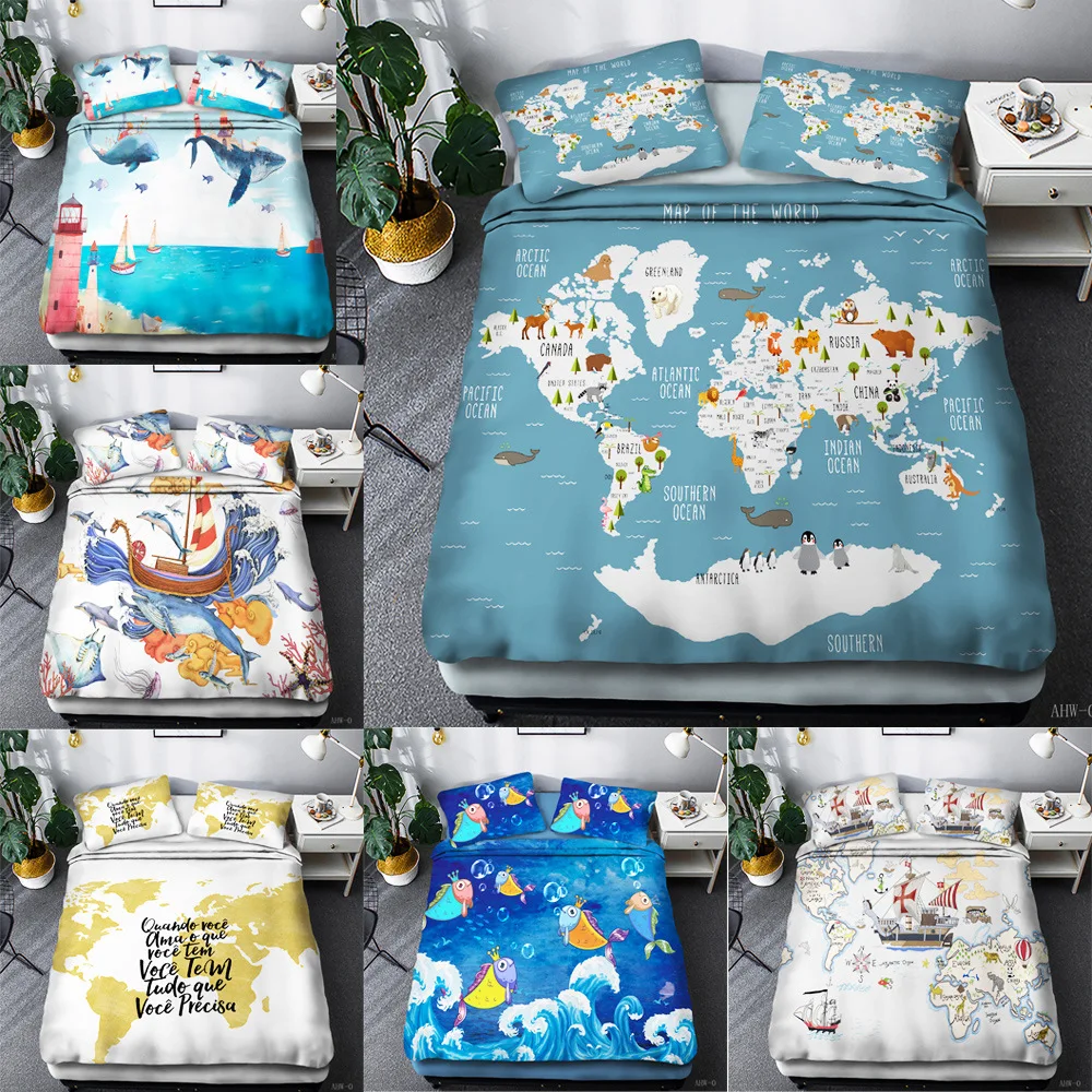 

Navigation ship map ocean style can be customized 3-piece set D digital printing 4-piece bedding cover pillow case