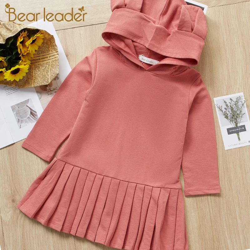 Bear leader/платье для девочек новые Брендовые вечерние платья для девочек детское платье с длинными рукавами и капюшоном с кроличьими ушками и рюшами Милая одежда для детей возрастом от 2 до 6 лет
