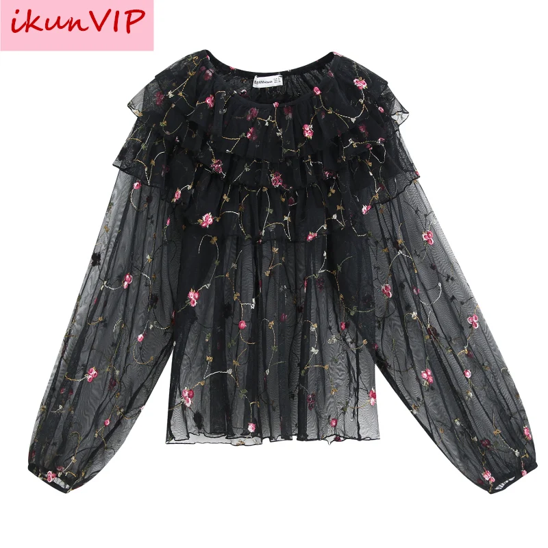 

ZA women elegant floral print embroider black blouse O neck ruffles long sleeve shirts female casual sweet tops blusas